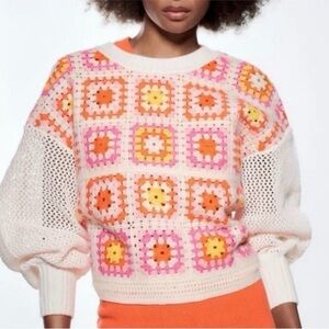 ZARA Bloggers Favorite Crochet Granny Square Sweater Size S like new